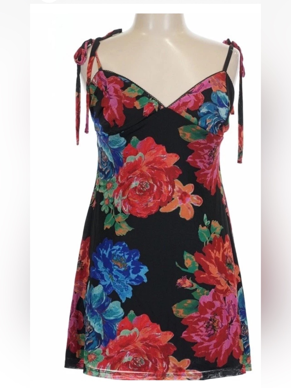 Lulu's Black Mini Slip Dress with Red, Blue & Pink Floral Print medium NEW